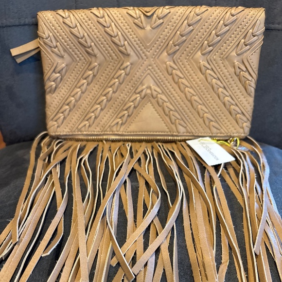 NWT BCBG Generation Faux Leather Fringed Clutch Handbag Boho - Picture 1 of 6